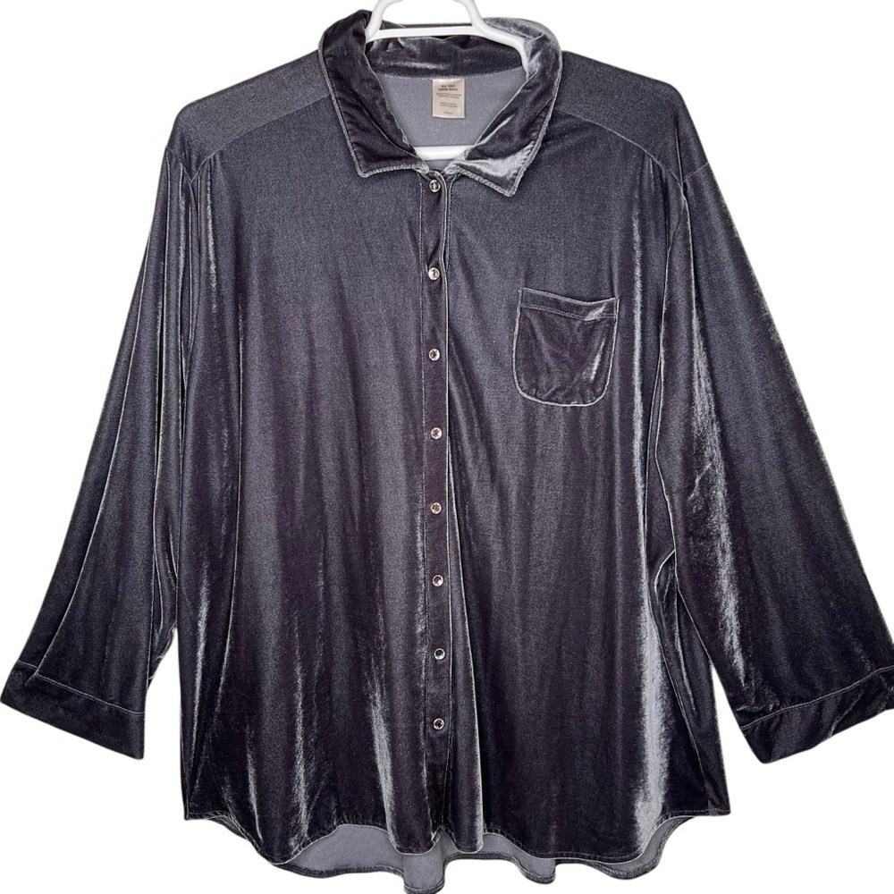 Silver Gray Velvet Jewel Snap Buttons Roll Tab Long Sleeves Blouse Top Size 4X